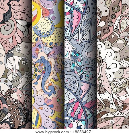 Set Of Tracery Colorful Seamless Patterns. Curved Doodling Backgrounds For Textile Or Printing With