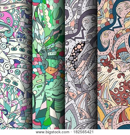 Set Of Tracery Colorful Seamless Patterns. Curved Doodling Backgrounds For Textile Or Printing With