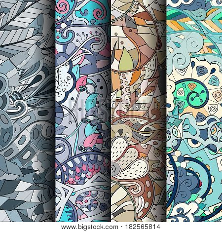Set Of Tracery Colorful Seamless Patterns. Curved Doodling Backgrounds For Textile Or Printing With