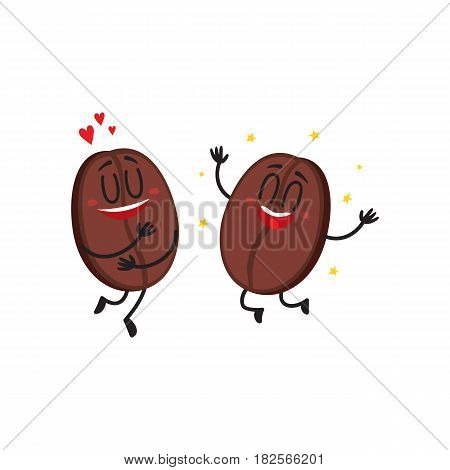 Two funny coffee bean characters, one showing love, another hands up from awe, delight, cartoon vector illustration isolated on white background. Two coffee bean characters, mascots, design elements
