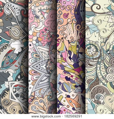 Set Of Tracery Colorful Seamless Patterns. Curved Doodling Backgrounds For Textile Or Printing With