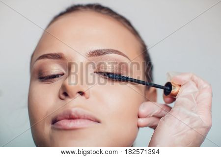 Professional make-up artist makes eye makeup of model. Beauty and fashion concept. Close up.