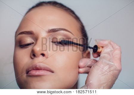 Professional make-up artist makes eye makeup of model. Beauty and fashion concept. Close up.