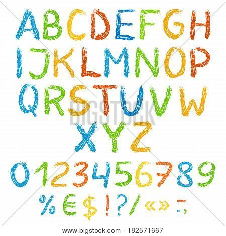Grunge painted alphabet with numbers and symbols. Vector set. Isolated on white background