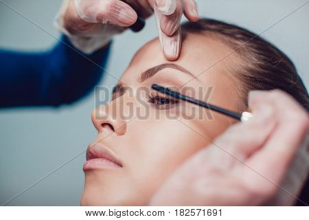 Professional make-up artist makes eye makeup of model. Beauty and fashion concept. Close up.