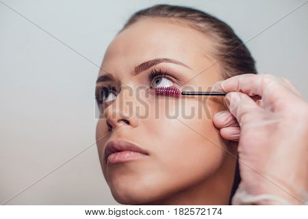 Professional make-up artist makes eye makeup of model. Beauty and fashion concept. Close up.