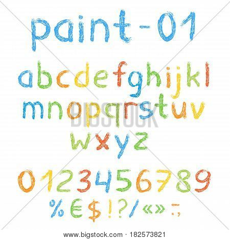 Colorful bright painted english alphabet with numbers and symbols. Vector set. Isolated on white background