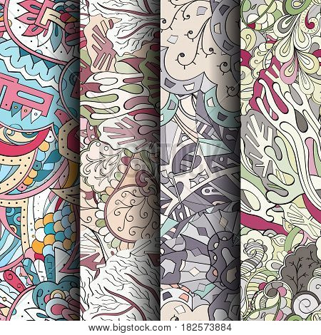 Set Of Tracery Colorful Seamless Patterns. Curved Doodling Backgrounds For Textile Or Printing With