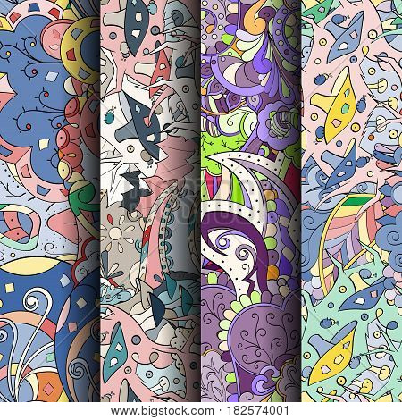 Set Of Tracery Colorful Seamless Patterns. Curved Doodling Backgrounds For Textile Or Printing With