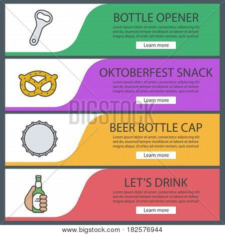 Beer banner templates set. Beer bottle opener and cap, brezel, hand holding beer bottle. Website menu items. Color web banner. Vector headers design concepts