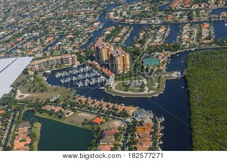 Aerial view of city and gulf Cape Coral Florida. The Westin Cape Coral Resort at Marina Village