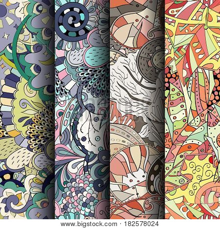 Set Of Tracery Colorful Seamless Patterns. Curved Doodling Backgrounds For Textile Or Printing With