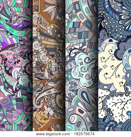 Set Of Tracery Colorful Seamless Patterns. Curved Doodling Backgrounds For Textile Or Printing With