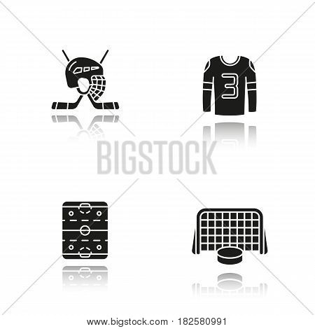 Hockey drop shadow black icons set. Sticks and helmet, rink, shirt, puck in gates. Isolated vector illustrations