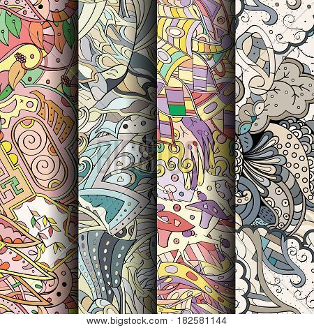 Set Of Tracery Colorful Seamless Patterns. Curved Doodling Backgrounds For Textile Or Printing With