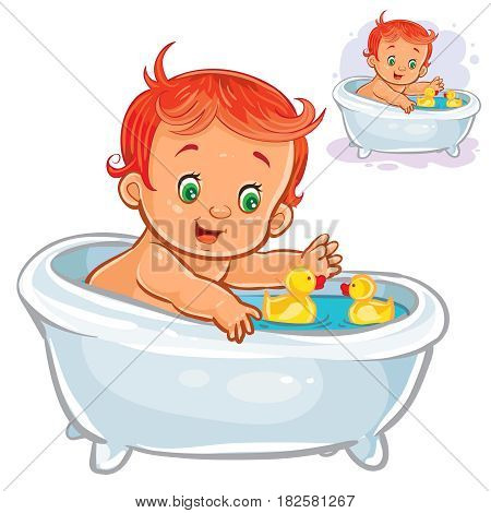 Vector C of small child take a bath with a rubber ducky isolated on white