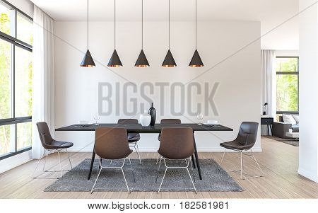 Modern dining room decorate with brown leather furniture 3d rendering image.There are large window overlooking to nature and forest