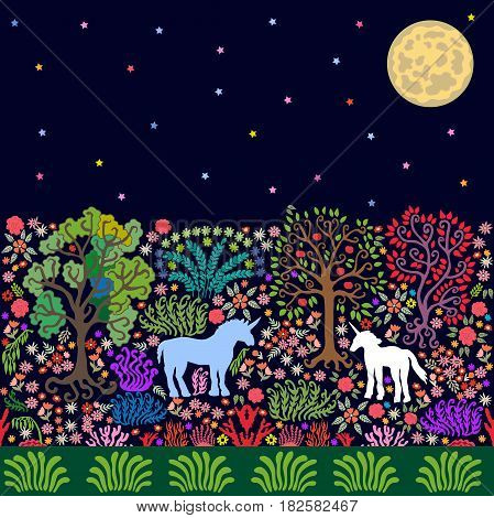 Magic forest with unicorns, trees, bushes and flowers. Detailed vector illustration for wall painting, textile design and books.