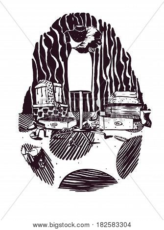Vertical vector illustration with interior of woman wardrobe with dress on mannequin hand drawn with black and white graphic. Stylish fashion room with mess of shoes boxes bijouterie and clothing.