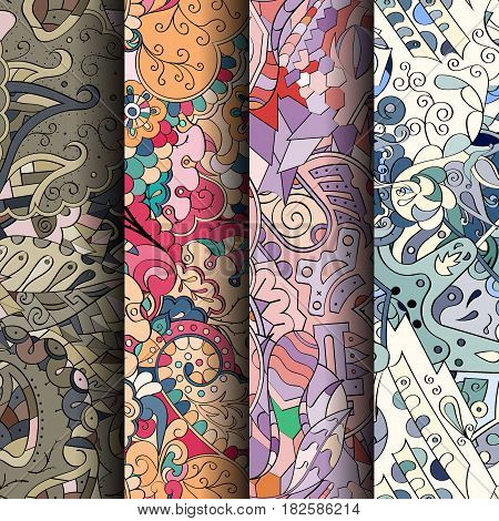 Set Of Tracery Colorful Seamless Patterns. Curved Doodling Backgrounds For Textile Or Printing With