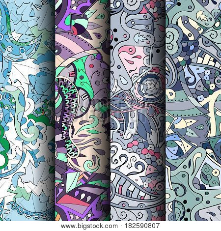 Set Of Tracery Colorful Seamless Patterns. Curved Doodling Backgrounds For Textile Or Printing With