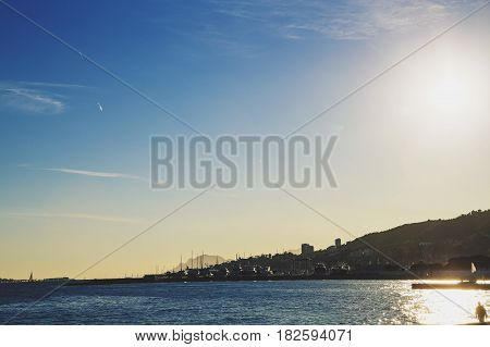 Mediterranean Sea View From Cannes With Sunset Sun Flare