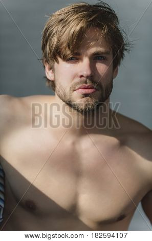 fit muscular man with beard or sexy macho athlete with sunlight on naked torso on grey background. Blond hair and bearded unshaven face skin. Male beauty and fitness