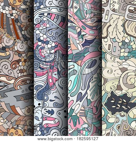 Set Of Tracery Colorful Seamless Patterns. Curved Doodling Backgrounds For Textile Or Printing With
