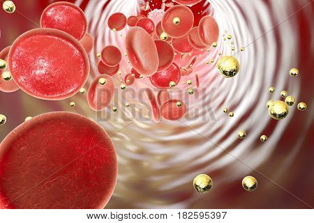 Nanoparticles in blood, 3D illustration. Conceptual image illustrating treatment and diagnostics with nanoparticles