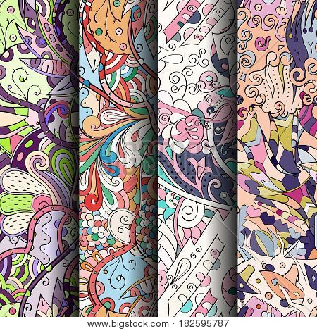 Set Of Tracery Colorful Seamless Patterns. Curved Doodling Backgrounds For Textile Or Printing With