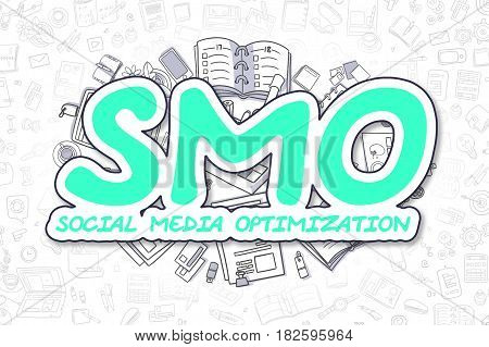 Smo - Social Media Optimization Doodle Illustration of Green Inscription and Stationery Surrounded by Doodle Icons. Business Concept for Web Banners and Printed Materials.