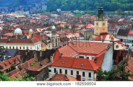 BRASOV ROMANIA - MAY 7: Top view of Brasov historical centre on May 7 2016. Brasov is a capital of Transylvania province of Romania.