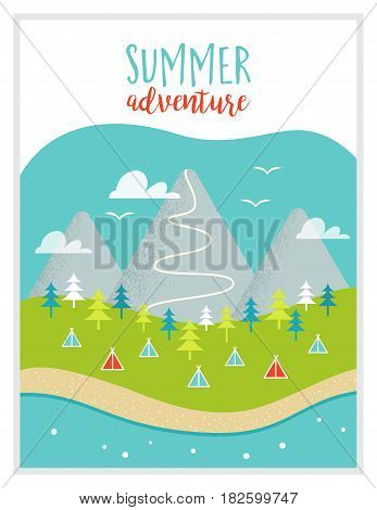 Lake, Mountains, Woods and Campsite or Campground Landscape. Vector Illustration