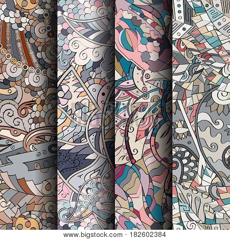 Set Of Tracery Colorful Seamless Patterns. Curved Doodling Backgrounds For Textile Or Printing With
