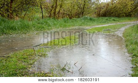 Heavy rainshower with wind. Rain drops falling to the puddles on the country road. HD video footage 1080p