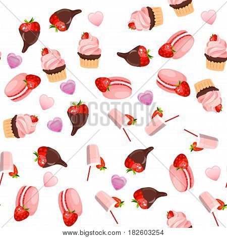 Very high quality original trendy vector seamless pattern with a strawberry chocolate pancake and macaroons