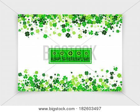 Happy Saint Patrick's Day design greeting card with scattered four leafs clovers and shamrocks isolated on white paper background. Vector illustration