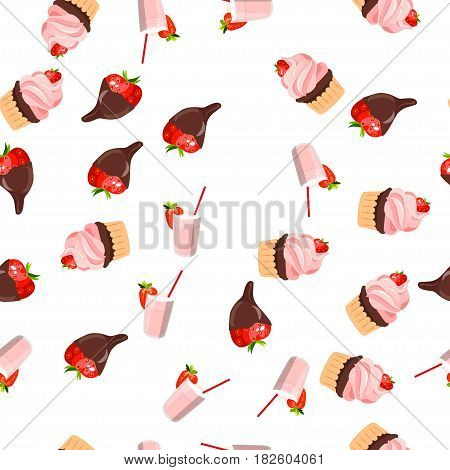 Very high quality original trendy vector seamless pattern with a strawberry chocolate pancake and milkshake