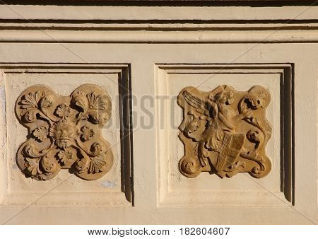 Arenzano Italy - Bas-reliefs on the façade of the castle of medieval origin restored in the early 900's of the Duchess 