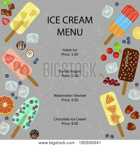 Restaurant menu template of Popsicles with berries and fruits. Different Ice-creams Vector illustration eps 10