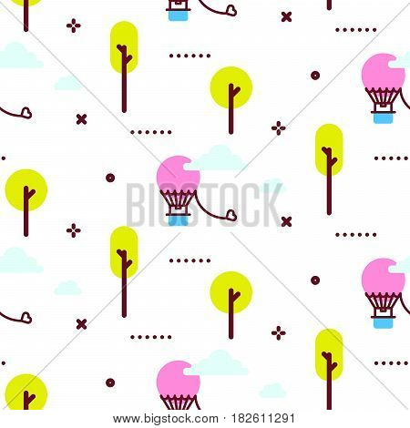 Amusement park promenade vector pattern illustration. Air balloon in the day sky white seamless background.