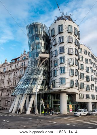 PRAGUE, CZECH REPUBLIC - MARCH 5 2017: Dancing House or Ginger and Fred, Prague, Czech Republic