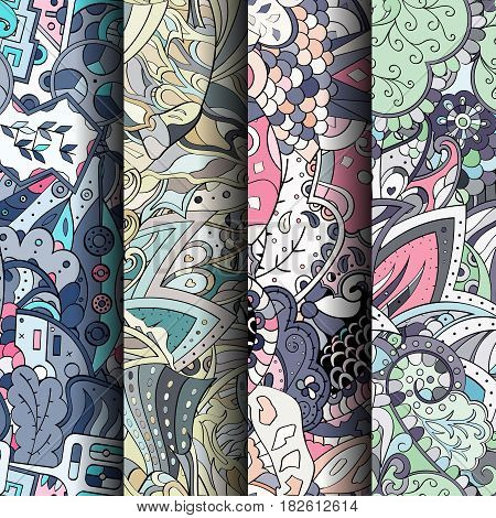 Set Of Tracery Colorful Seamless Patterns. Curved Doodling Backgrounds For Textile Or Printing With