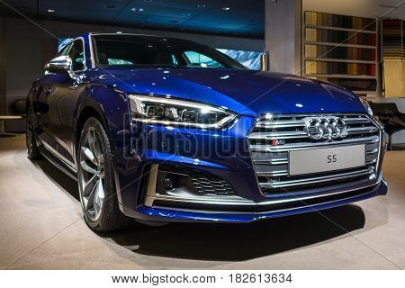 BERLIN - NOVEMBER 09 2016: Showroom. Compact executive car Audi S5 Sportback 3.0 TFSI quattro tiptronic. Produced since 2013 (facelifted).