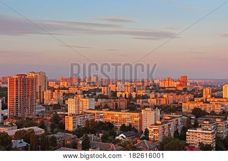 Dormitory area of Kyiv city on the beautiful sunset, Ukraine