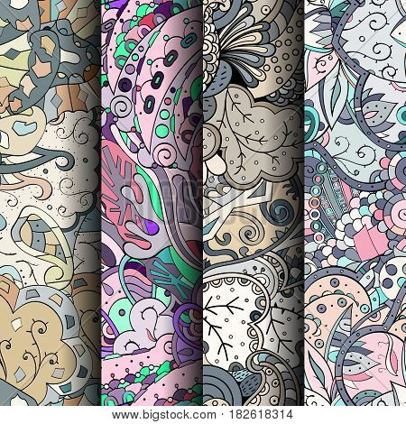 Set Of Tracery Colorful Seamless Patterns. Curved Doodling Backgrounds For Textile Or Printing With