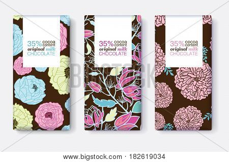 Vector Set Of Chocolate Bar Package Designs With Blue, Pink, and Brown Floral Patterns. Rectangle frame. Editable Packaging Template Collection. Packaging and Surface pattern design.
