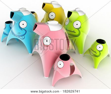 Tea and coffee children's service designed in the form of cartoon characters stylized for different animals. Design concept art object. 3D illustration.