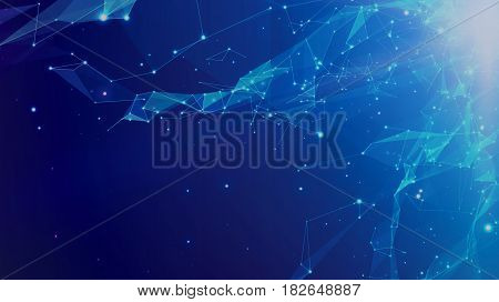 Abstract vector space blue background. Chaotically connected points and polygons flying in space. Flying debris. Futuristic technology style. Elegant background for business presentations.