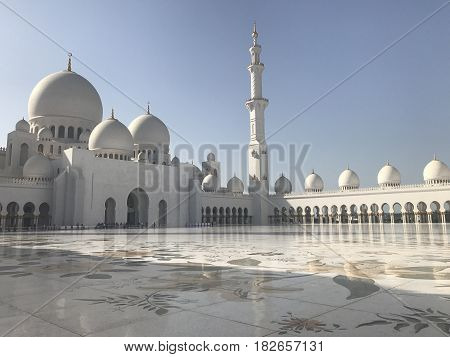 ABU DHABI, UAE-FEB 11, 2017: Sheikh Zayed Grand Mosque in Abu Dhabi, United Arab Emirates. It is the key place of worship in the UAE and may be visited by more than 40,000 people during Eid.